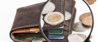 wallet, coins, magnifying glass