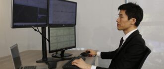 computer, office, business, laptop, desk trader in the financial multi-screen