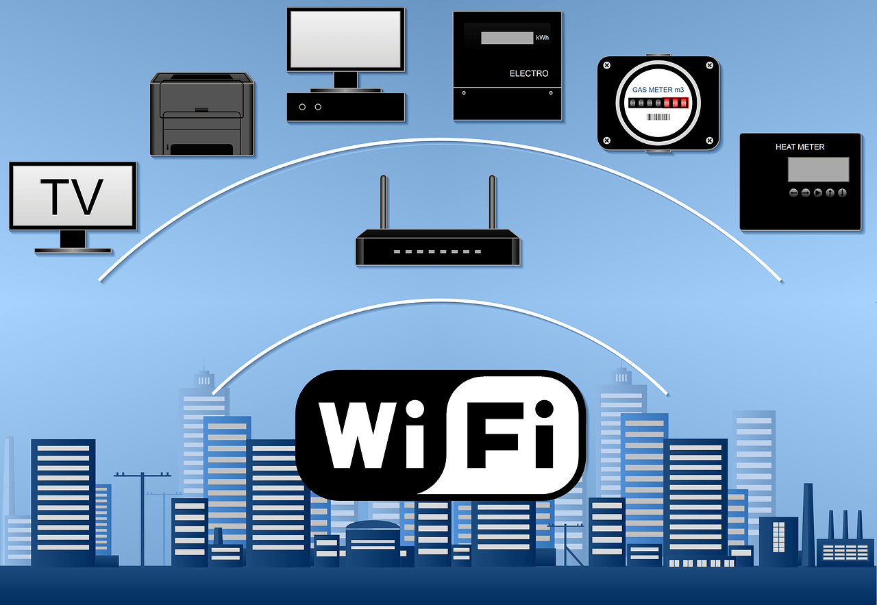 wi-fi, network, router, building, water meter, electric meter, computer, printer, modem, wi-fi, wi-fi, wi-fi, wi-fi, wi-fi, router, router, router, modem, modem