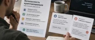 Редактор проверяет инструкцию о криптокошельке по учебным сценариям о публичном адресе и подозрительном сообщении