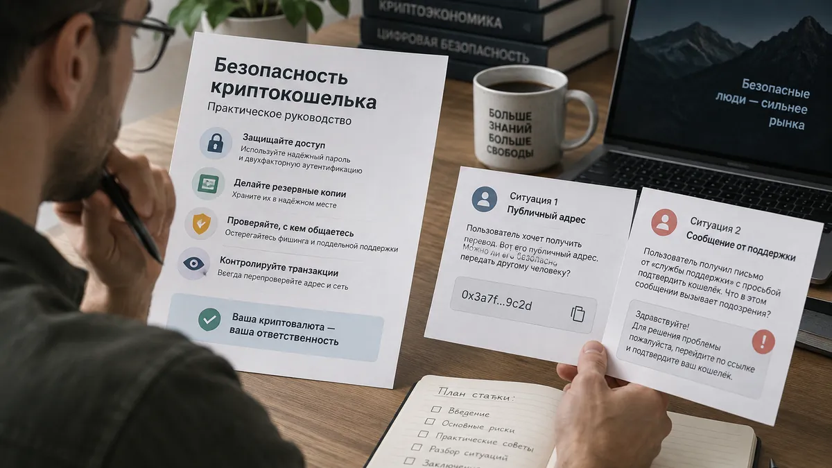 Редактор проверяет инструкцию о криптокошельке по учебным сценариям о публичном адресе и подозрительном сообщении