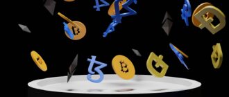 a bunch of bitcoins falling into the air