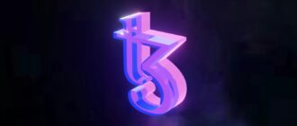 a purple and blue logo on a black background